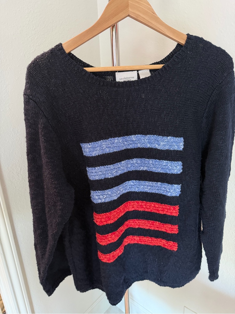 Liz Claiborne Navy Sweater with Blue and Red Stripe Accents